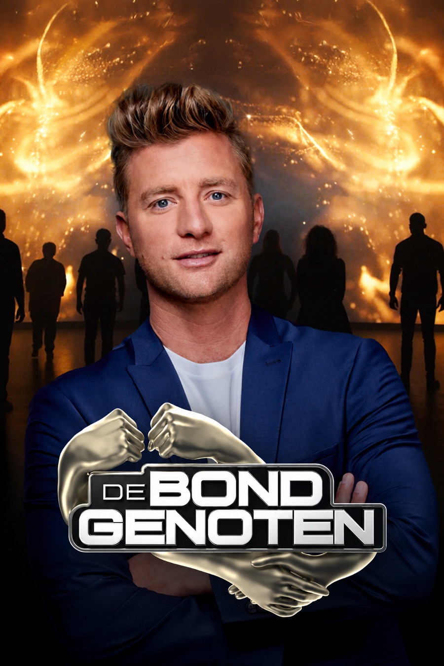 Poster van De Bondgenoten met de presentator en het programmalogo